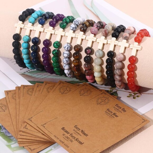 12Pcs Cross Bracelets Set Gemstone Beaded Stretch Faith Jewelry Unisex - Picture 5 of 7